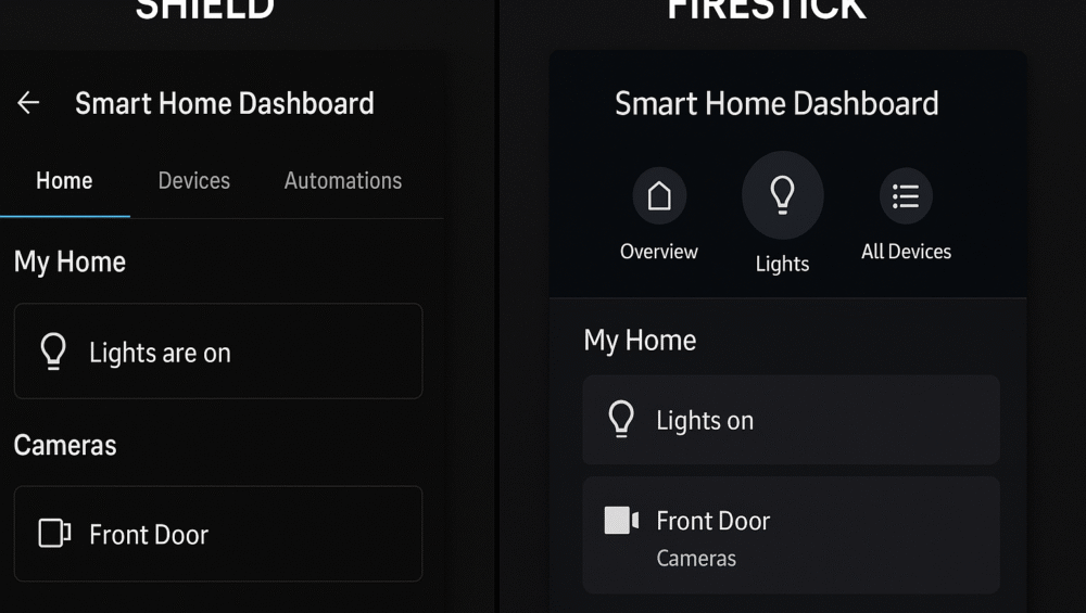 Screenshot comparing smart home dashboard integration between Shield TV Pro and Fire TV Stick Max, showing Google Assistant and Alexa device controls side by side.