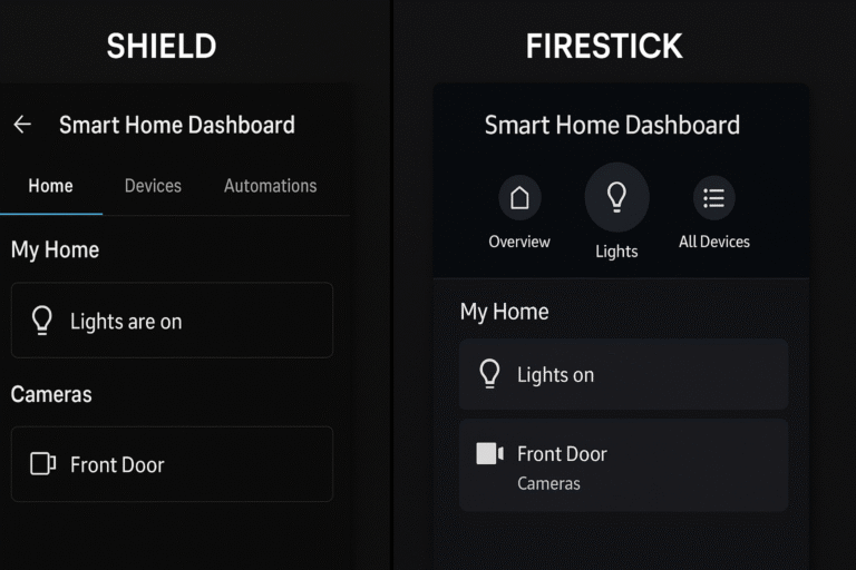Screenshot of smart home dashboard integration (Shield vs Firestick).