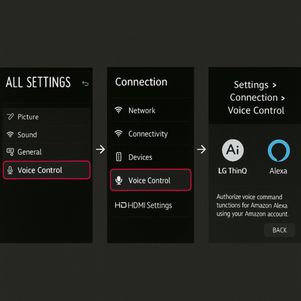 Screenshot walkthrough of selecting Alexa in the TV settings panel.