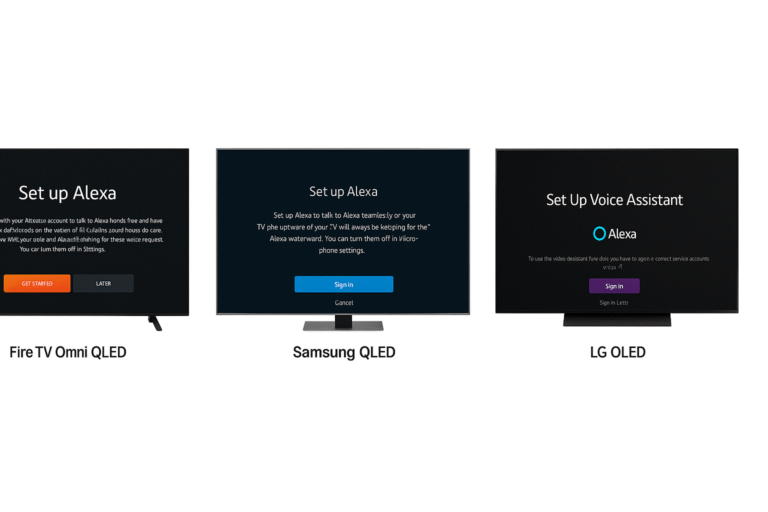 Screenshots showing Alexa setup steps on three smart TVs with Alexa speakers—Fire TV Omni QLED, Samsung QN90C, and LG OLED C3—illustrating account linking and hands-free activation.