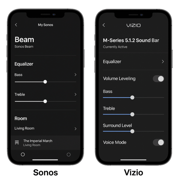 Screenshots of Sonos and Vizio mobile app interfaces