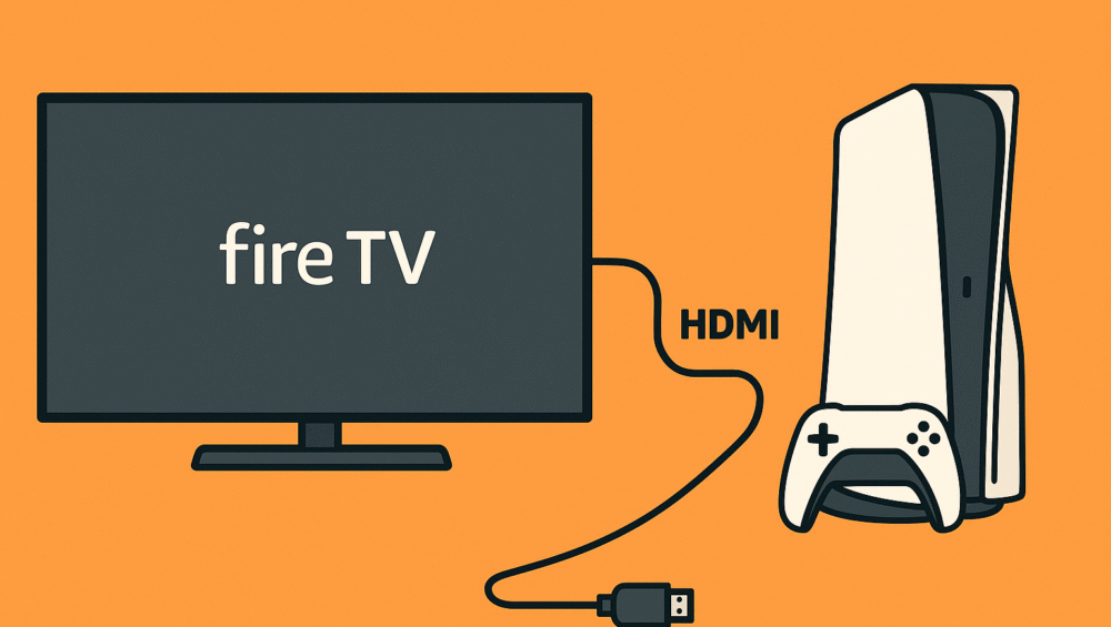Setup diagram showing Fire TV connected via HDMI cable to a gaming console, demonstrating optimal hardware layout for Fire TV gaming optimization.