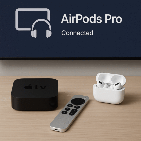 Setup image showing Apple TV + AirPods connection