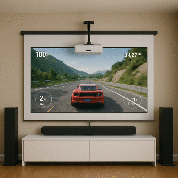 Image showing a gaming projector setup with a soundbar mounted directly below the projector screen, positioned at ear level for optimal sound alignment and clarity.