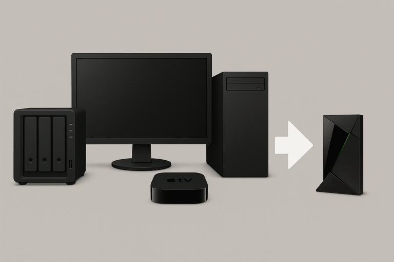 NVIDIA Shield TV Pro placed beside a NAS, PC, and Apple TV, symbolizing how one NVIDIA Shield TV Pro for Plex replaces multiple devices for streaming and storage.