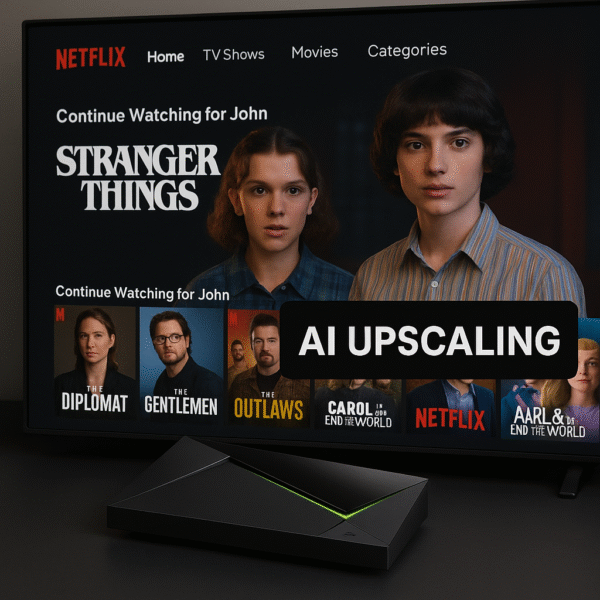 Shield TV with AI upscaling overlay showing Netflix UI.