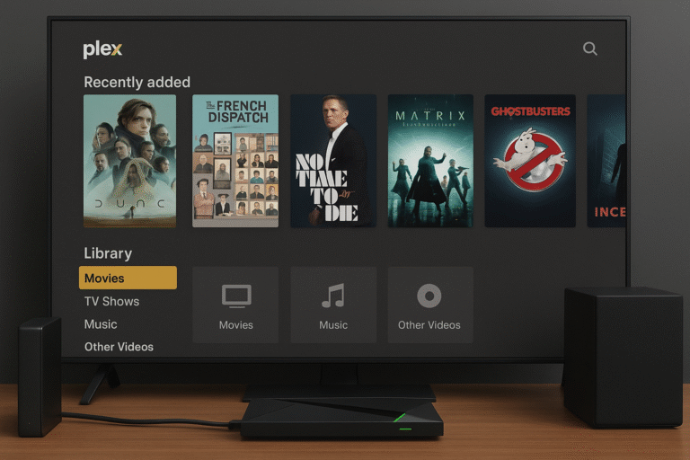 Shield TV with Plex UI on-screen, connected to external drive and sound system.