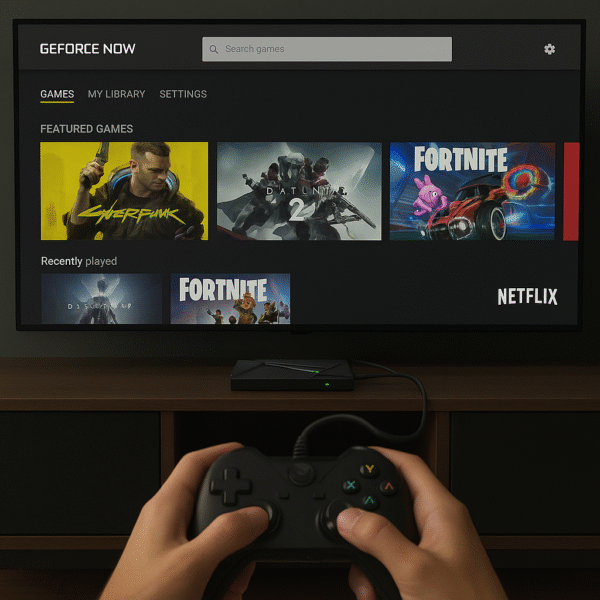 Shield connected to a controller, with GeForce NOW interface on-screen