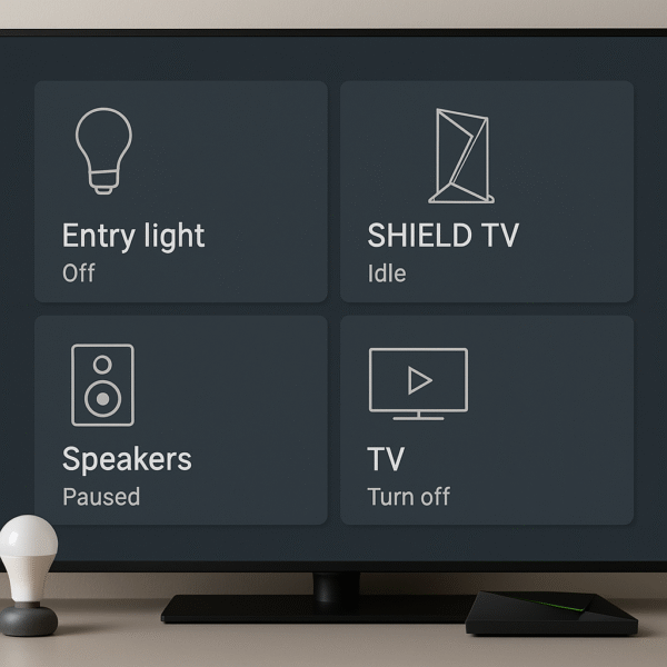 Shield in smart home dashboard with lights, speakers, TV.