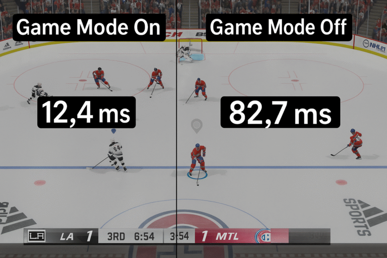 Side-by-side Game Mode ON vs OFF screenshot with input lag measurement overlay.