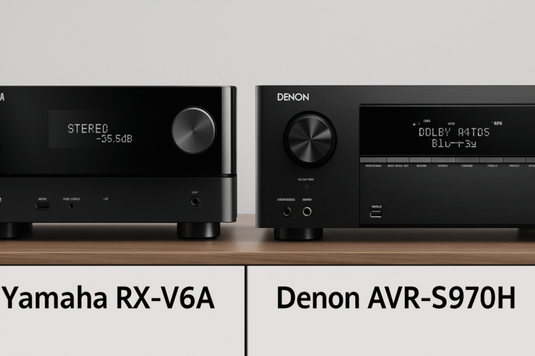 Yamaha RX-V6A vs Denon AVR-S970H front panel comparison showing both receivers side-by-side — the Yamaha featuring a sleek glass-like finish with a central volume knob, and the Denon displaying a traditional matte design with detailed input controls and dual display windows.