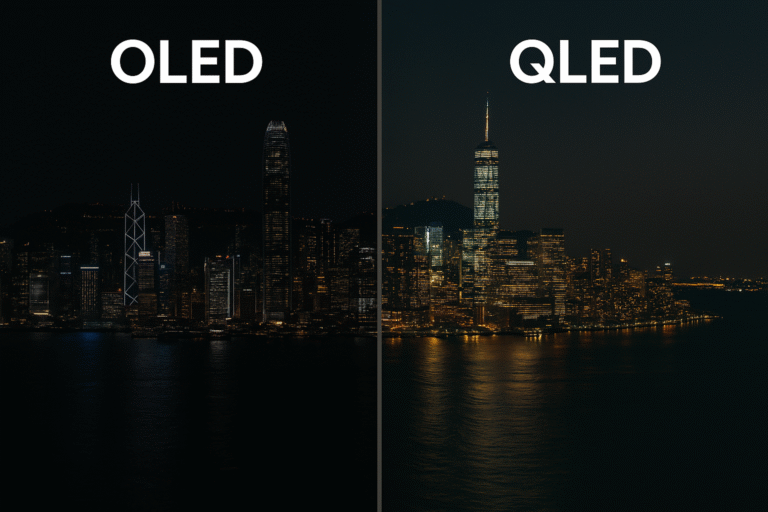 Side-by-side contrast demonstration with deep blacks on OLED vs QLED brightness.