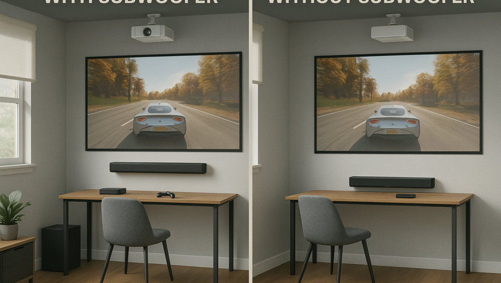 Side-by-side comparison image showing two gaming projector setups — one featuring a soundbar only, and the other including a subwoofer for deeper, fuller bass response.
