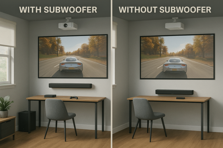 Side-by-side comparison image showing two gaming projector setups — one featuring a soundbar only, and the other including a subwoofer for deeper, fuller bass response.