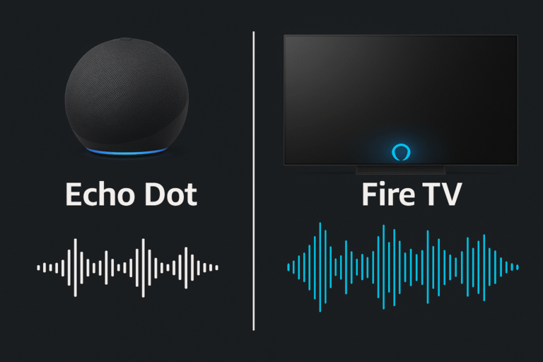 Side-by-side image comparing an Echo Dot and a smart TV with Alexa speaker, featuring audio waveform overlays to illustrate differences in sound quality, bass depth, and voice response accuracy.