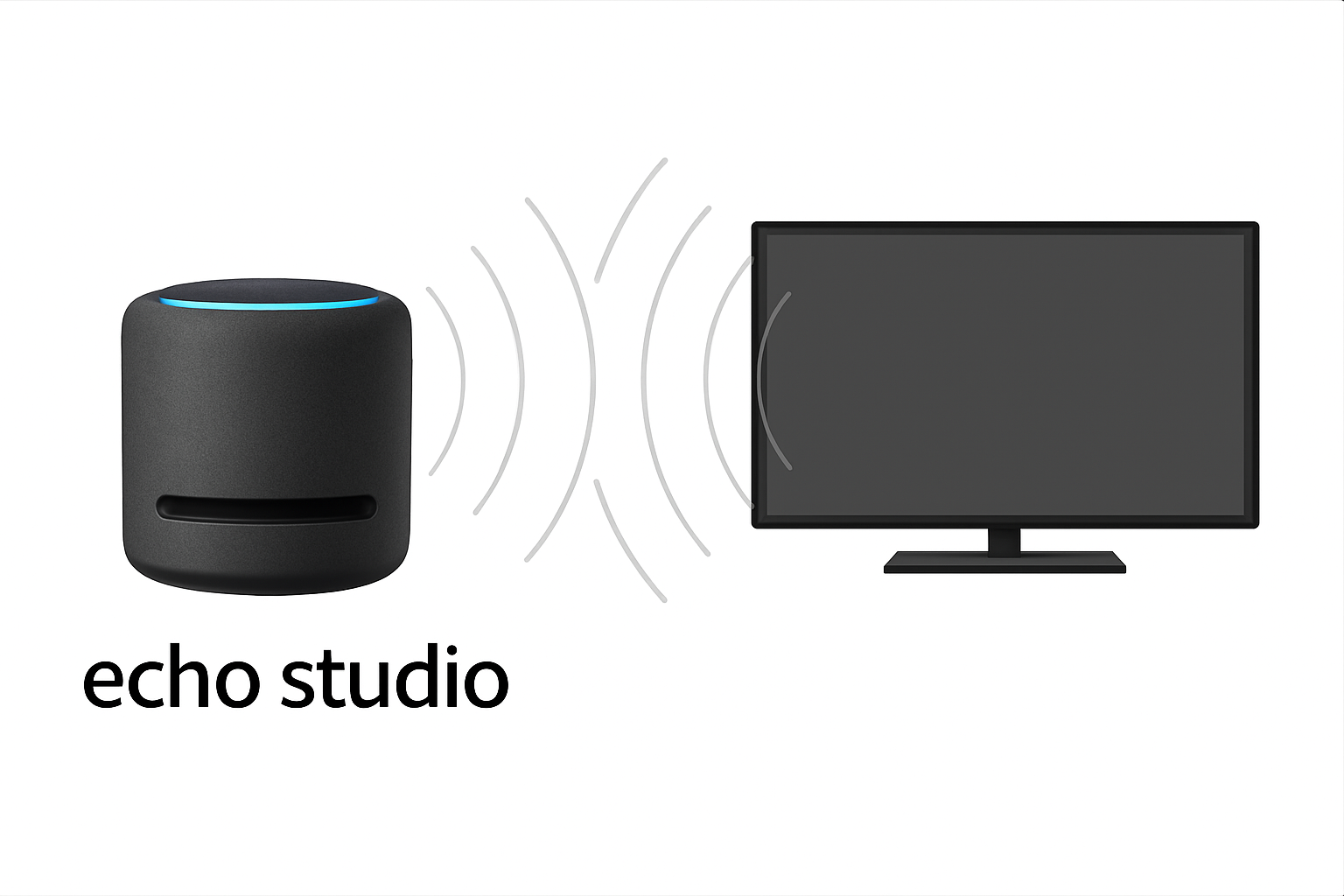 Side-by-side image of Echo Studio next to TV with sound waves illustrated