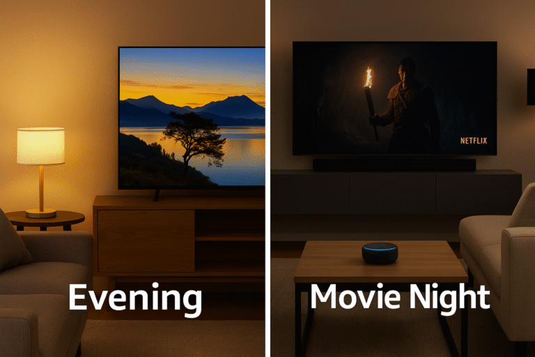 Side-by-side image of different room scenes for each routine