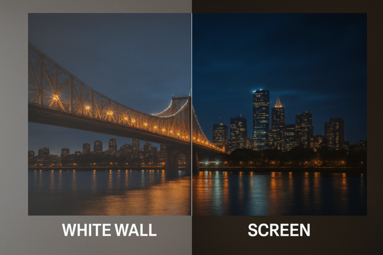 Side-by-side image of white wall vs proper screen with projector performance comparison