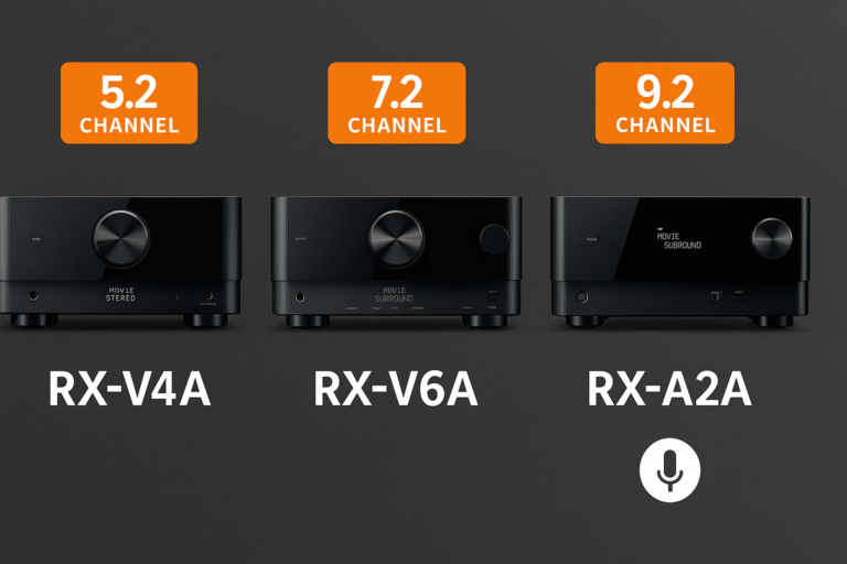 Side-by-side lineup of Yamaha RX-V6A, Denon AVR-X2800H, and Marantz SR6015 receivers with feature badges highlighting key specs such as 8K support, HDMI 2.1, Dolby Atmos, Alexa compatibility, and smart streaming capabilities.