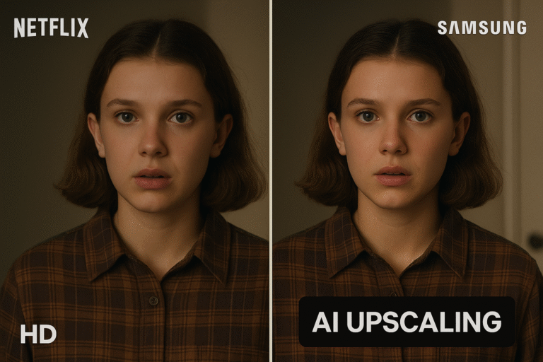 Side-by-side of Netflix HD content before and after Samsung AI upscaling.