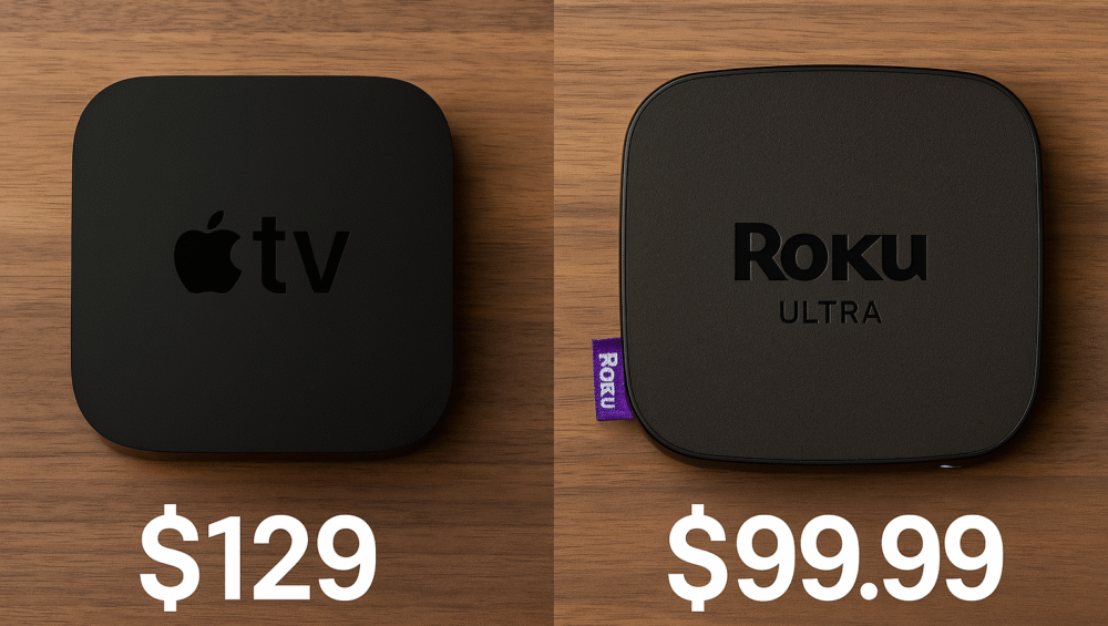 Side-by-side photo of Apple TV 4K and Roku Ultra with pricing overlay, comparing features of the best streamer for HomeKit and budget-friendly alternatives.