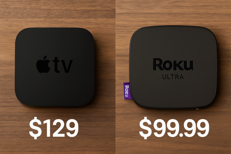Side-by-side photo of Apple TV and Roku Ultra with pricing overlay