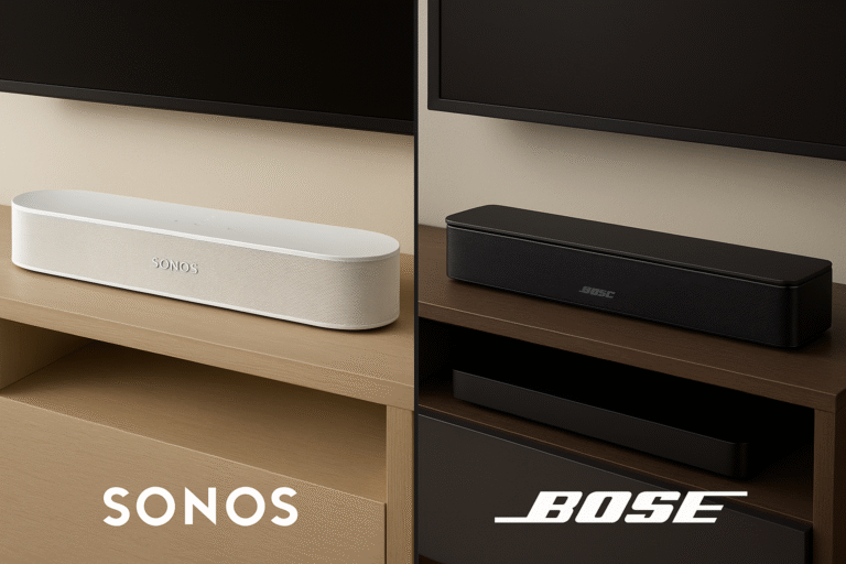 Side-by-side photo of Beam Gen 2 and Bose 600 on compact media units.