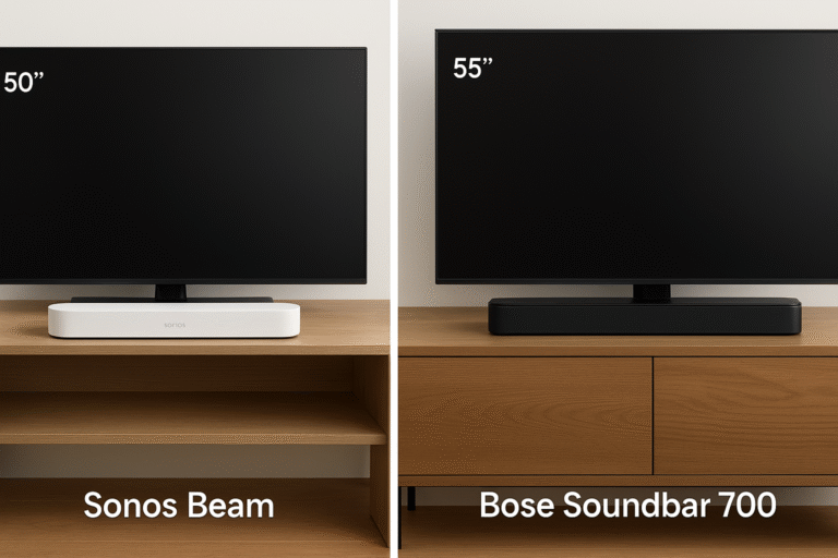 Side-by-side photo of Beam and Bose under 50 and 55 inch TVs.