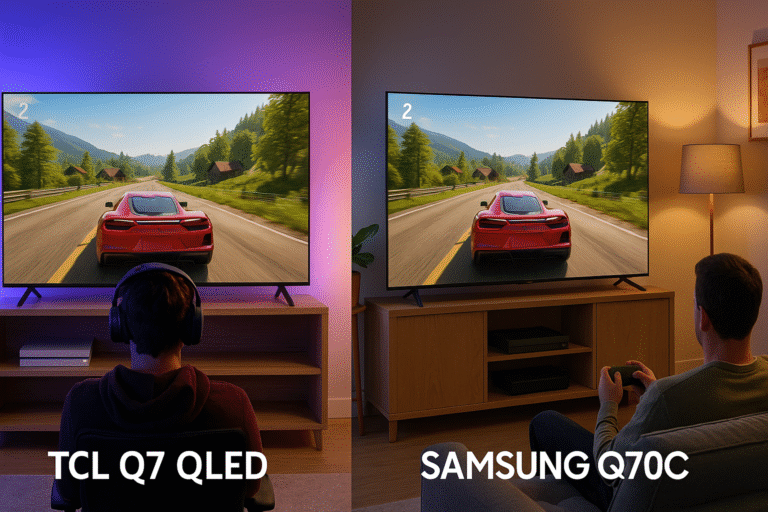 Side-by-side photo of TCL Q7 and Samsung Q70C in gaming setups