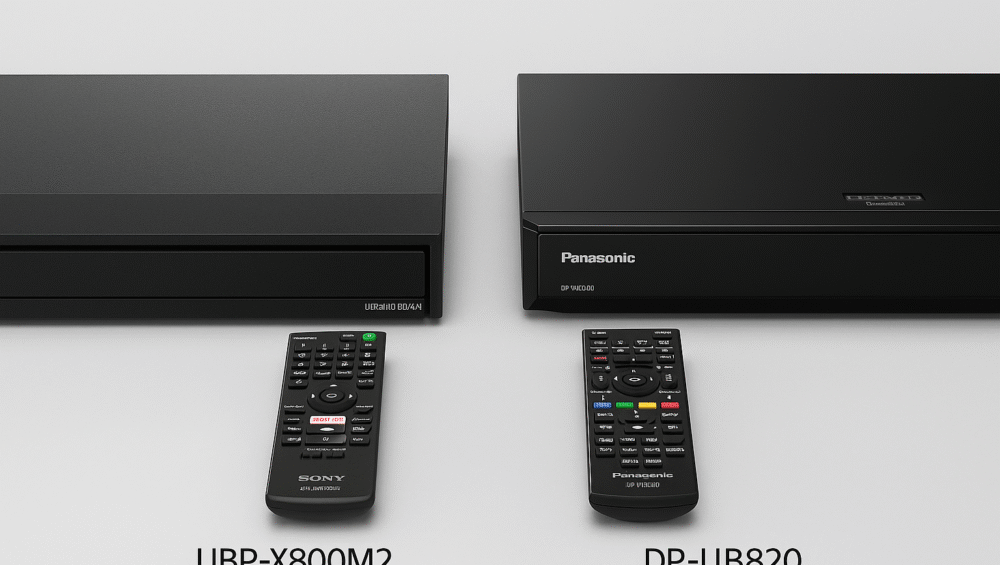 Side-by-side photo of both players with remotes Sony UBP-X800M2 vs Panasonic DP-UB820