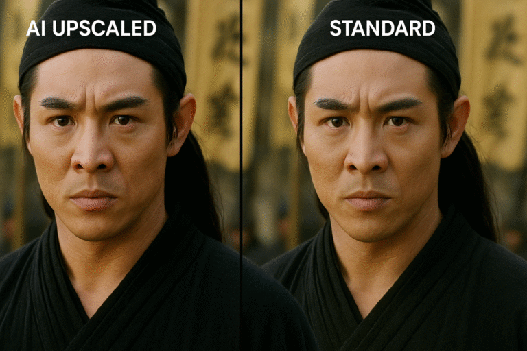 Side-by-side screenshot comparing AI upscaled content vs standard content