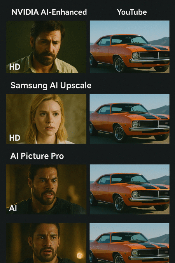 Side-by-side screenshot grid from Netflix and YouTube showing each device’s upscaled output.