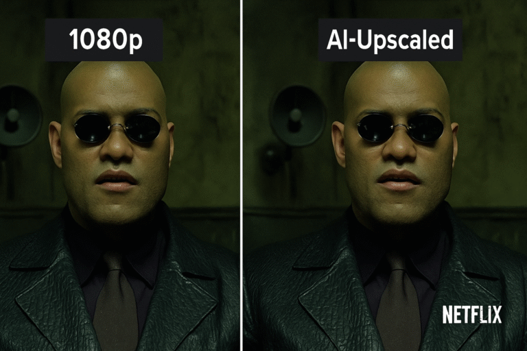 Side-by-side screenshot of 1080p vs AI-upscaled video on Netflix