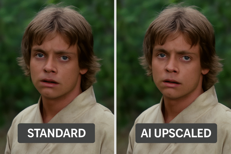 Side-by-side screenshots comparing standard vs AI-upscaled video frames