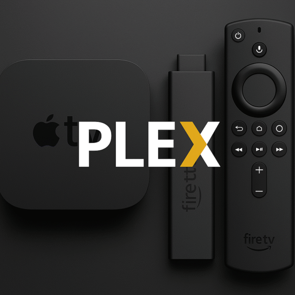 Side-by-side shot of Apple TV 4K and Fire TV Stick Max with Plex logo overlay. image in hero