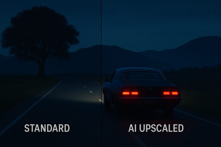 Side-by-side still showing standard vs AI-upscaled video.