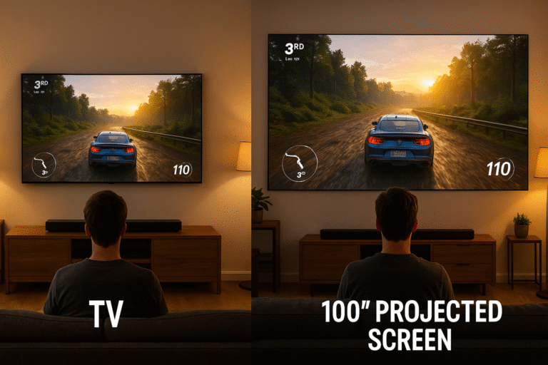 Side-by-side image showing gaming on a standard TV versus a 100-inch projected screen, highlighting the increased immersion, scale, and cinematic feel when buying a projector for gaming.