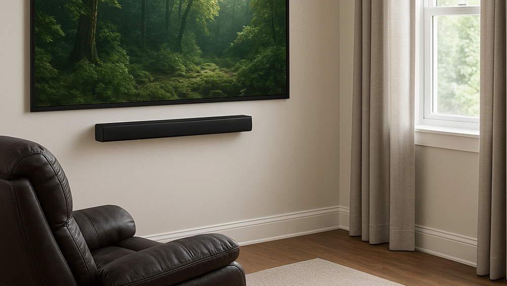 Small room setup with recliner, screen, and soundbar