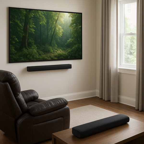 Small room setup with recliner, screen, and soundbar