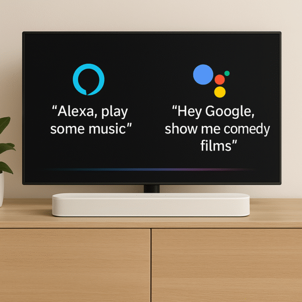 Smart assistant UI overlay with voice command prompts on screen.