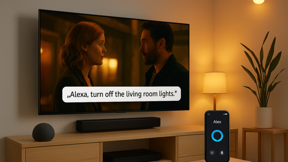 Smart home setup showing TV + Echo speaker + lighting control in action.