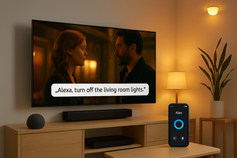 Smart home setup showing TV + Echo speaker + lighting control in action.