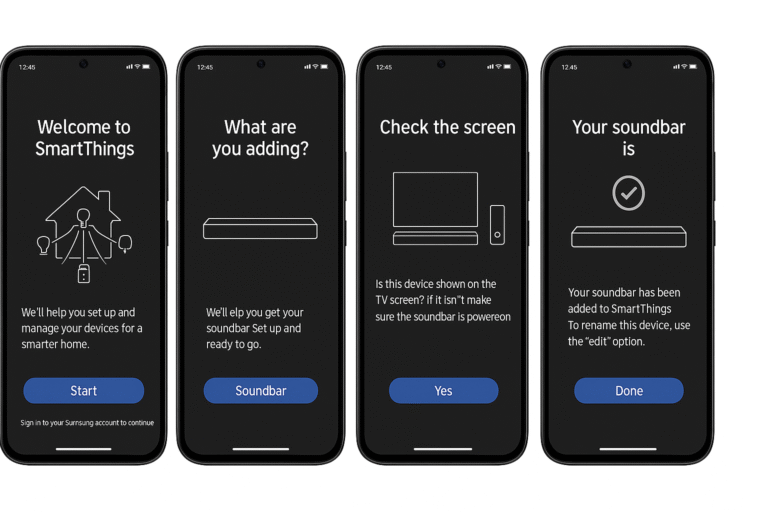 SmartThings app setup flow screenshots.