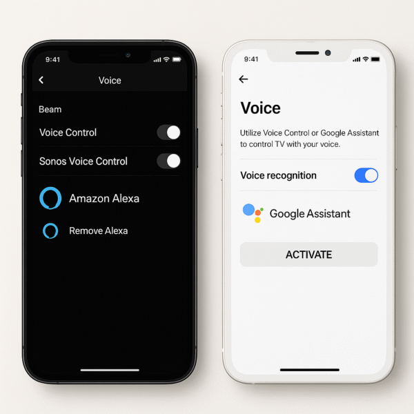 Smartphone app UI for Sonos and LG with voice settings panel