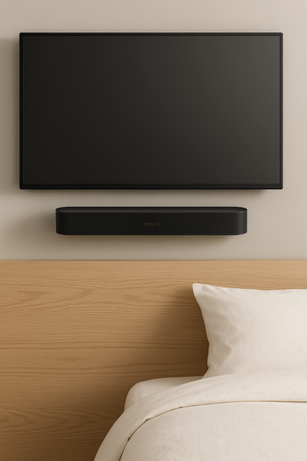 Sonos Beam Gen 2 under a wall-mounted bedroom TV.
