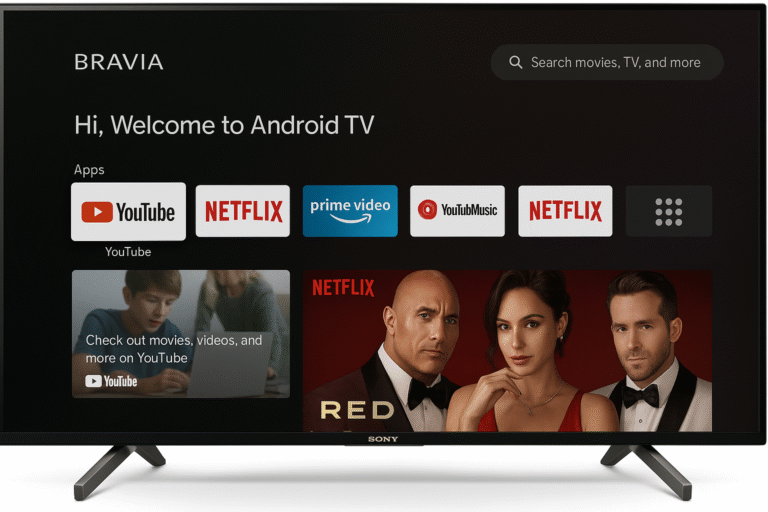 Sony Bravia UI with YouTube and Netflix app interfaces.