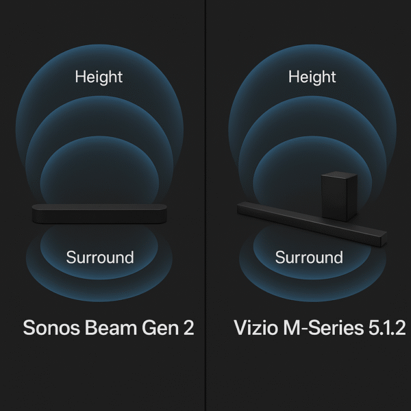Sound field overlay diagrams showing height and surround channels.