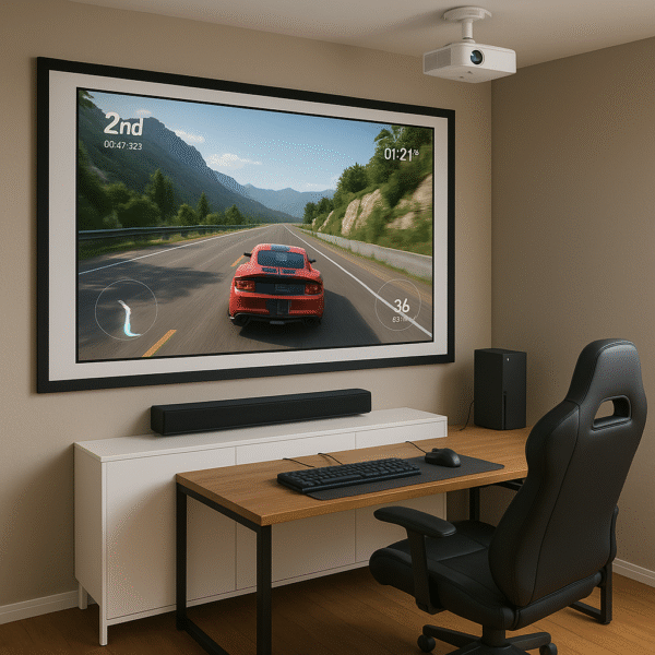Soundbar mounted directly beneath a projector screen in a compact gaming room, with seating arranged closely in front and minimal side space