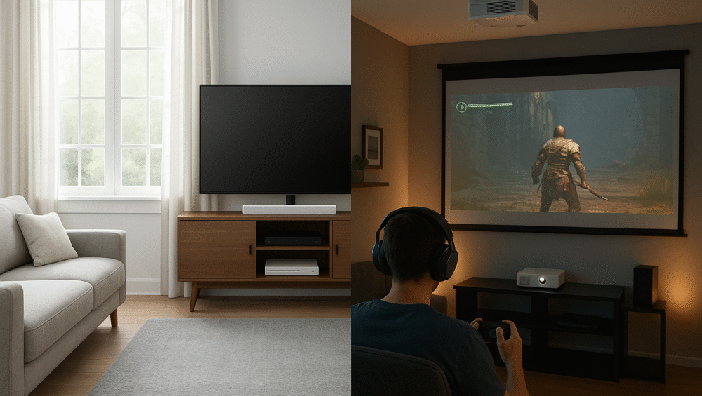 Split image showing two setups side by side — one featuring the Epson Home Cinema 880 in a bright living room with vibrant daytime viewing, and the other showing the Optoma HD146X in a dark gaming room with a large projected screen and immersive lighting.