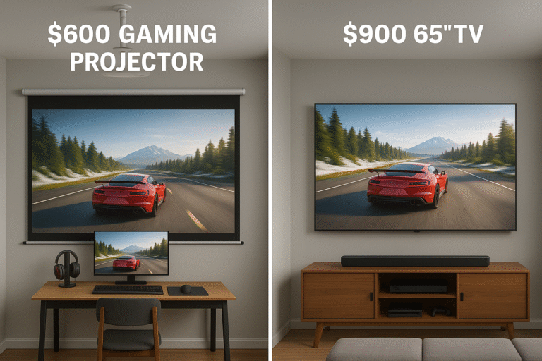 Split screen comparison of a $600 gaming projector setup vs a $900 65 inch TV setup